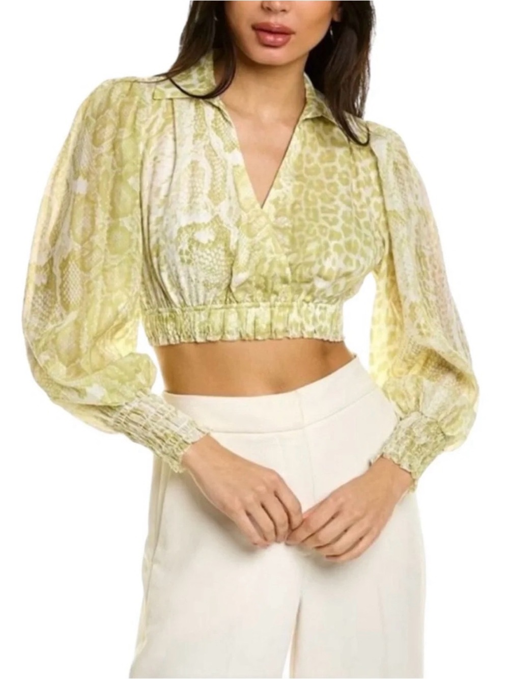All Saints Clara Light Green Cropped V-Neck Puff Sleeve Top